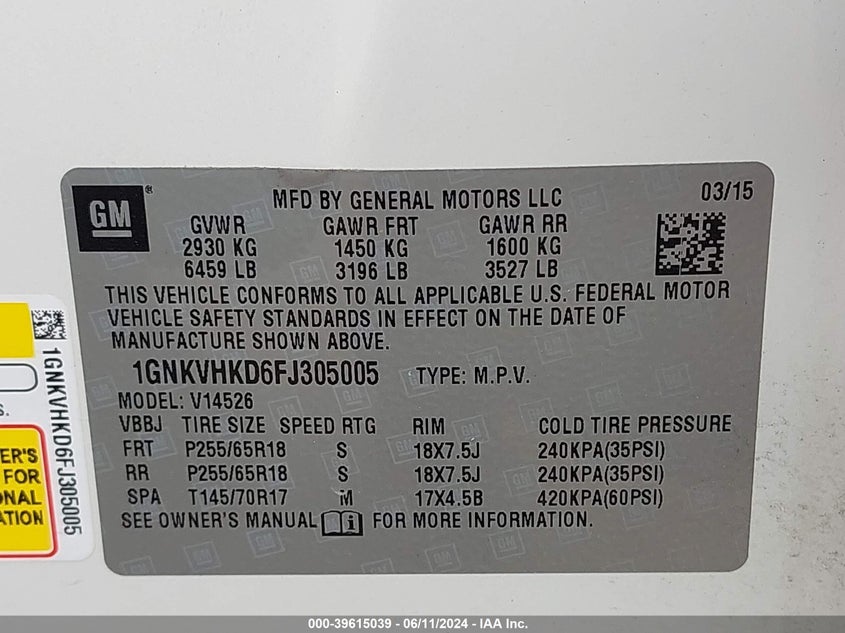 2015 CHEVROLET TRAVERSE 2LT - 1GNKVHKD6FJ305005