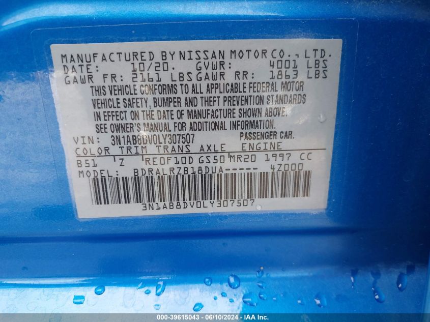 2020 Nissan Sentra Sr Xtronic Cvt VIN: 3N1AB8DV0LY307507 Lot: 39615043