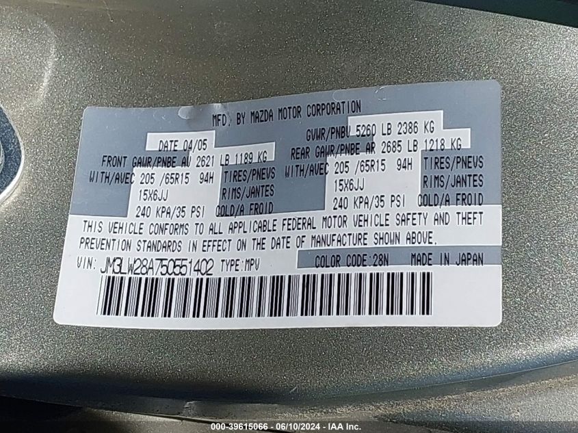 2005 Mazda Mpv Lx-Sv VIN: JM3LW28A750551402 Lot: 39615066