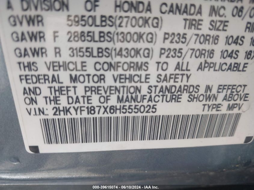 2006 Honda Pilot Ex-L VIN: 2HKYF187X6H555025 Lot: 39615074
