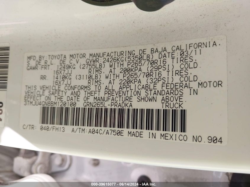 2011 Toyota Tacoma Prerunner V6 VIN: 3TMJU4GN8BM120100 Lot: 39615077