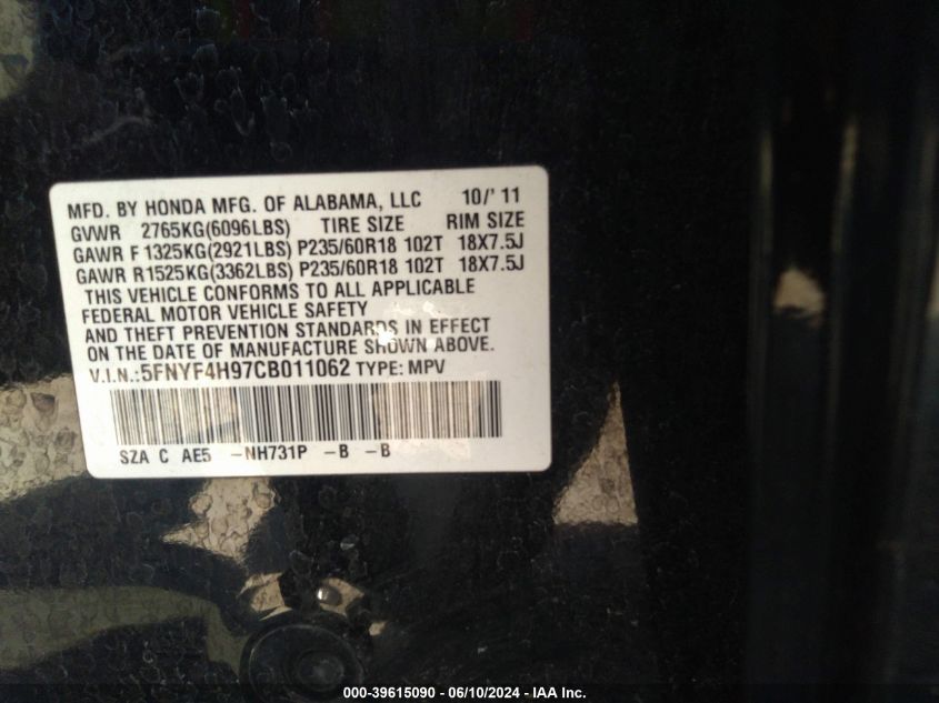 2012 Honda Pilot Touring VIN: 5FNYF4H97CB011062 Lot: 39615090