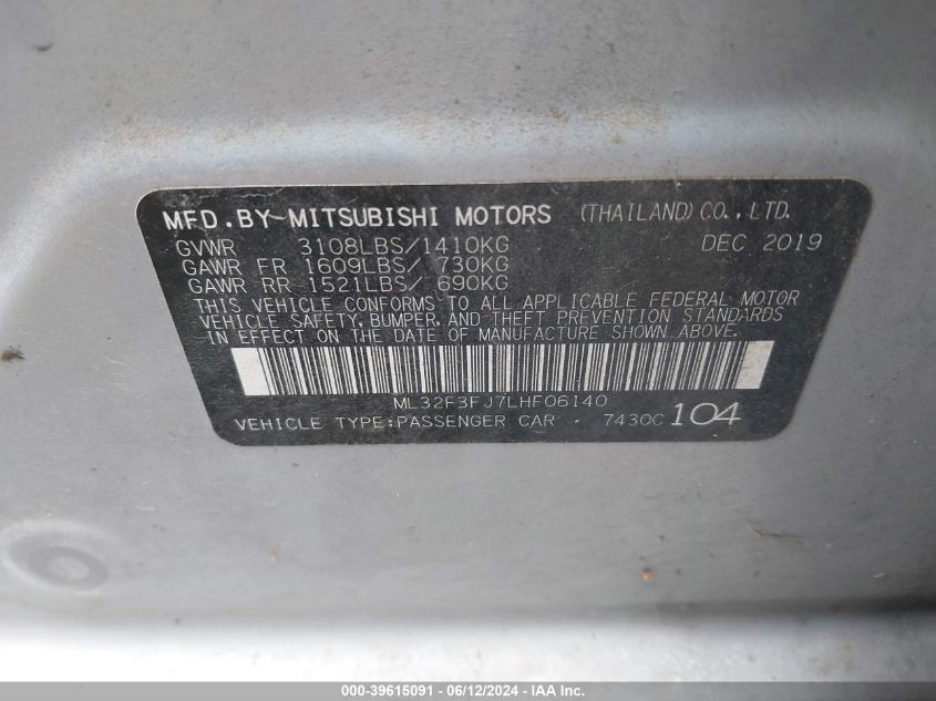 2020 Mitsubishi Mirage G4 Es VIN: ML32F3FJ7LHF06140 Lot: 39615091