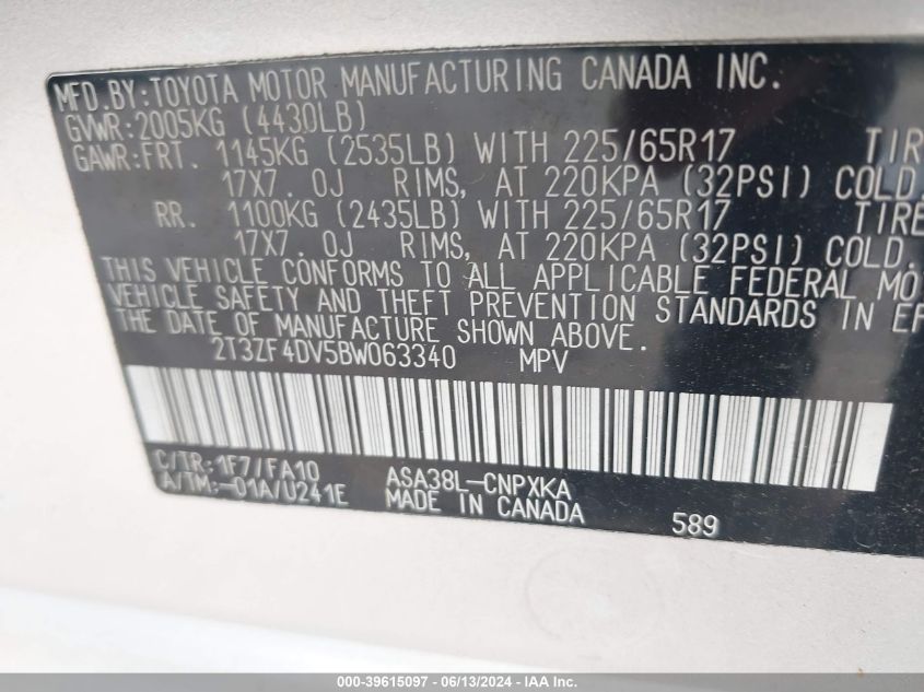 2011 Toyota Rav4 VIN: 2T3ZF4DV5BW063340 Lot: 39615097