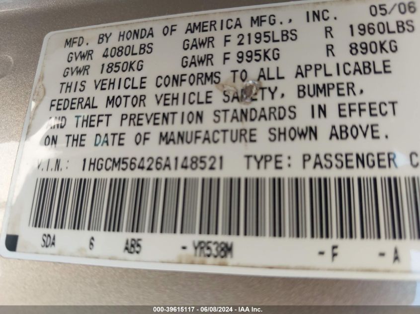 2006 Honda Accord 2.4 Lx VIN: 1HGCM56426A148521 Lot: 39615117