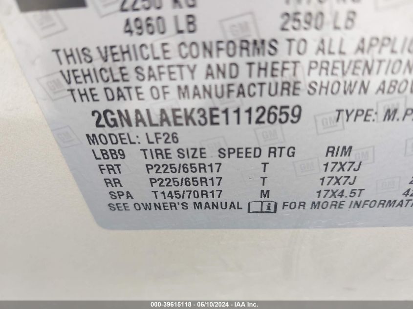 2014 Chevrolet Equinox Ls VIN: 2GNALAEK3E1112659 Lot: 39615118