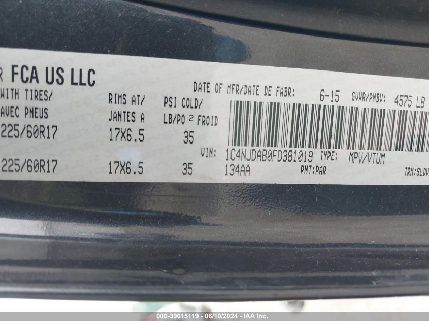 2015 Jeep Compass Sport/North VIN: 1C4NJDAB0FD381019 Lot: 39615119