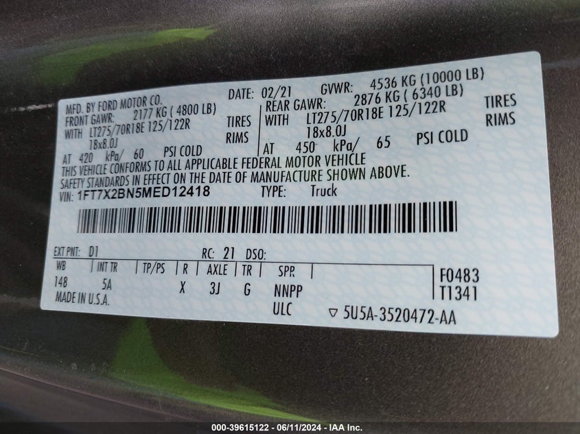 2021 Ford F-250 Lariat VIN: 1FT7X2BN5MED12418 Lot: 39615122