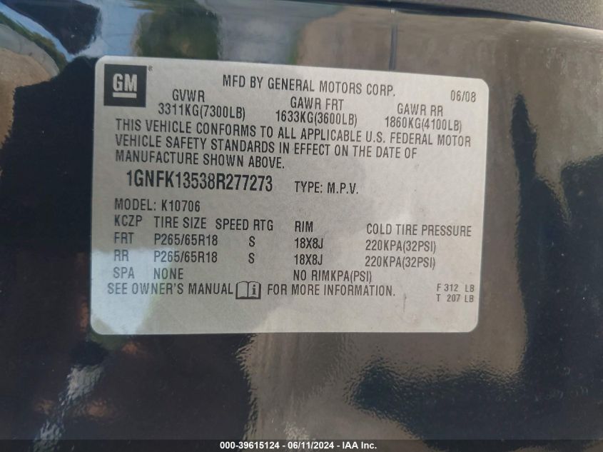 2008 Chevrolet Tahoe Hybrid VIN: 1GNFK13538R277273 Lot: 39615124