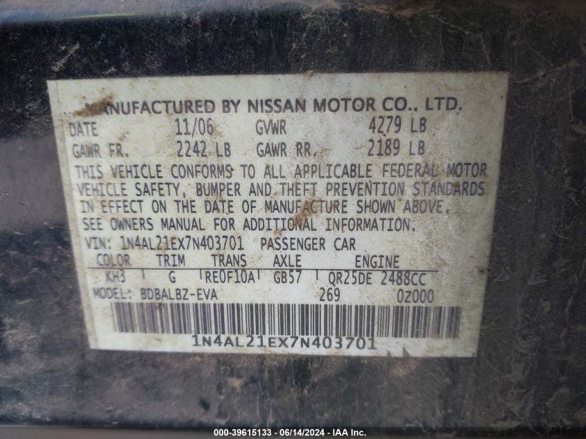 2007 Nissan Altima 2.5 S VIN: 1N4AL21EX7N403701 Lot: 39615133
