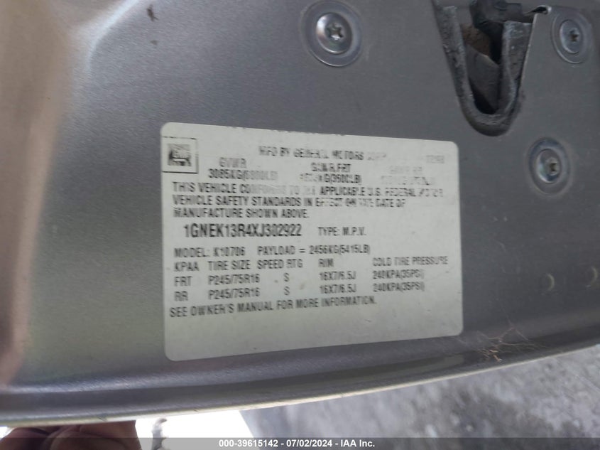 1999 Chevrolet Tahoe Ls VIN: 1GNEK13R4XJ302922 Lot: 39615142