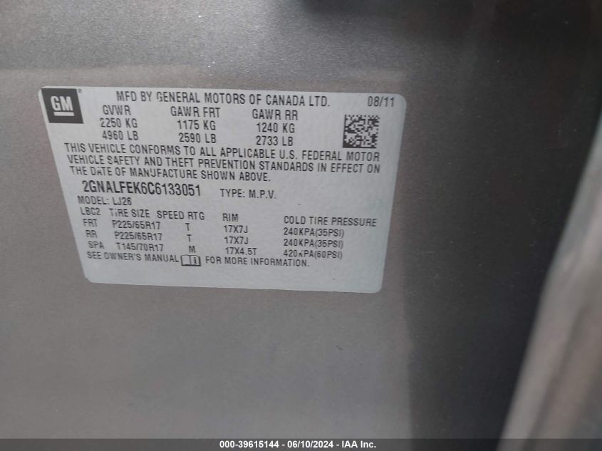 2012 Chevrolet Equinox Ltz VIN: 2GNALFEK6C6133051 Lot: 39615144