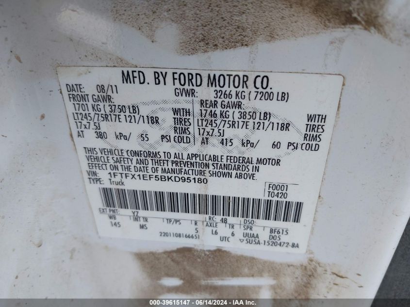 2011 Ford F-150 Xlt VIN: 1FTFX1EF5BKD95180 Lot: 39615147