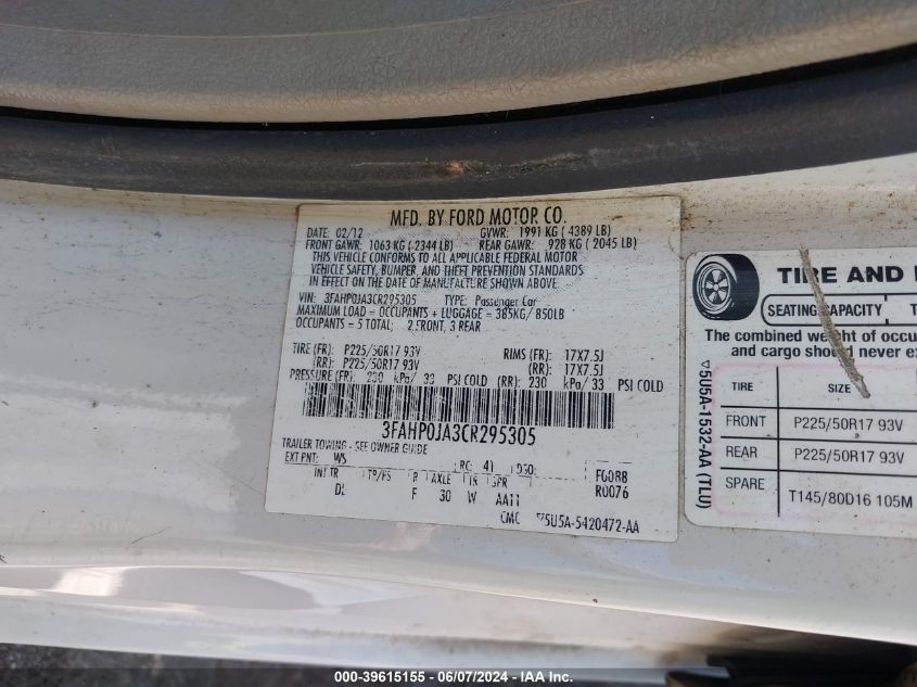 2012 Ford Fusion Sel VIN: 3FAHP0JA3CR295305 Lot: 39615155