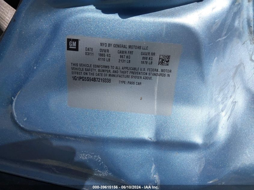2011 Chevrolet Cruze 2Lt VIN: 1G1PG5S94B7219338 Lot: 39615156