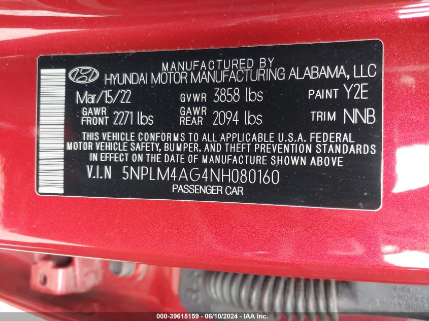 2022 Hyundai Elantra Sel VIN: 5NPLM4AG4NH080160 Lot: 39615159