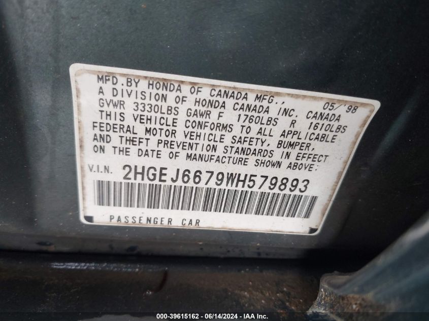 2HGEJ6679WH579893 1998 Honda Civic Lx