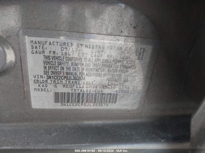 VIN 3N1CE2CP0JL353574 2018 NISSAN VERSA NOTE SV