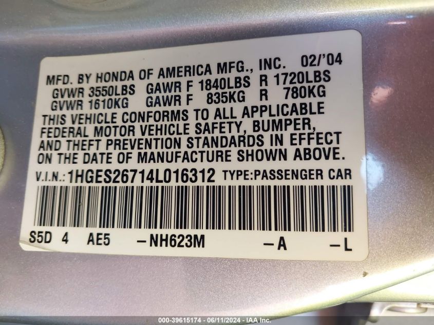 2004 Honda Civic Ex VIN: 1HGES26714L016312 Lot: 39615174