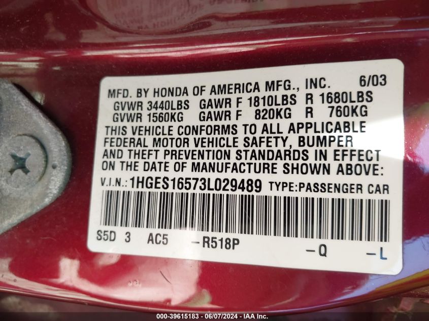 2003 Honda Civic Lx VIN: 1HGES16573L029489 Lot: 39615183