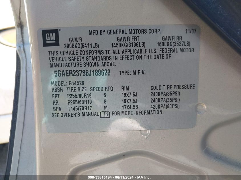 2008 Buick Enclave Cxl VIN: 5GAER23738J189623 Lot: 39615194