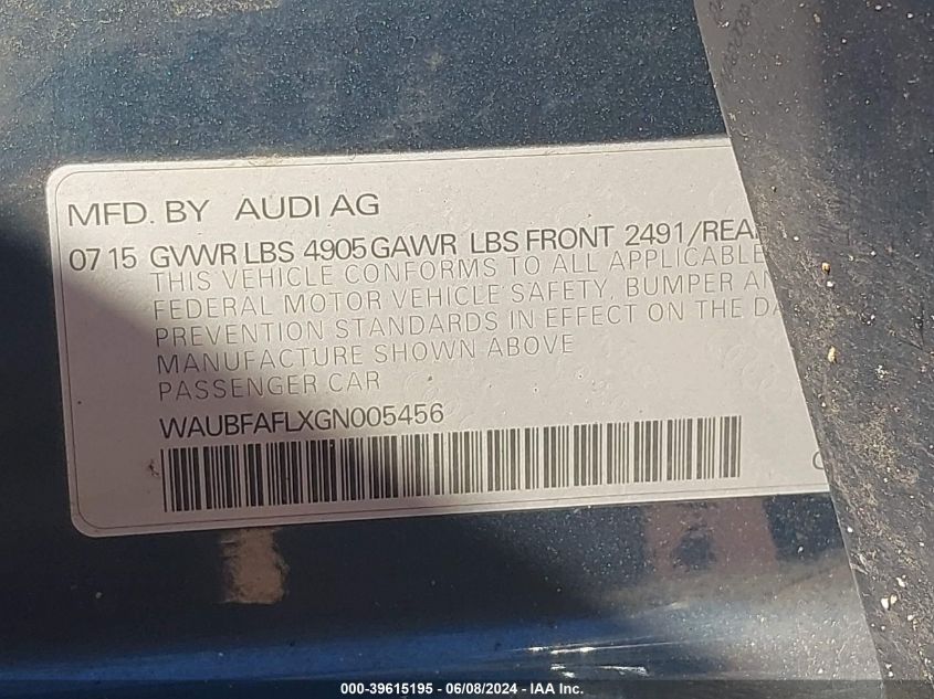 2016 Audi A4 2.0T Premium VIN: WAUBFAFLXGN005456 Lot: 39615195