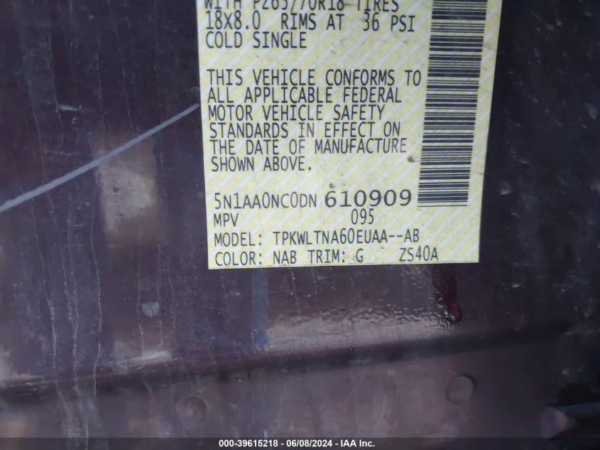 2013 Nissan Armada Sv VIN: 5N1AA0NC0DN610909 Lot: 39615218