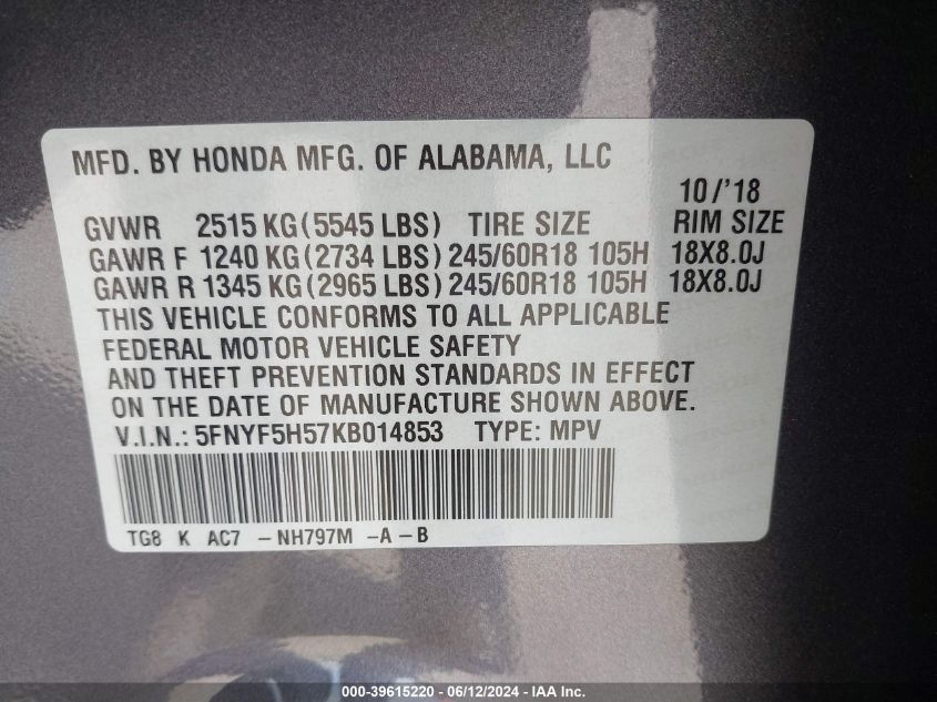 2019 Honda Pilot Ex-L VIN: 5FNYF5H57KB014853 Lot: 39615220