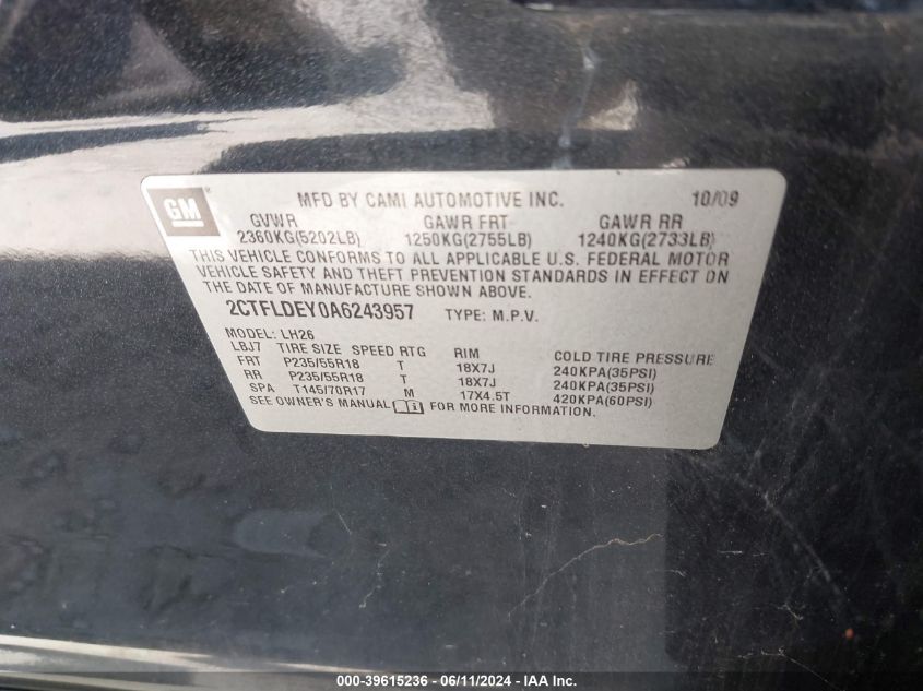 2010 GMC Terrain Sle-2 VIN: 2CTFLDEY0A6243957 Lot: 39615236