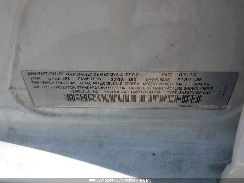 2010 Volkswagen Jetta Limited Edition VIN: 3VWAX7AJ1AM108008 Lot: 39615243