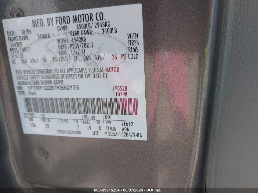 2007 Ford F-150 Stx/Xl/Xlt VIN: 1FTRF12287KB62175 Lot: 39615254