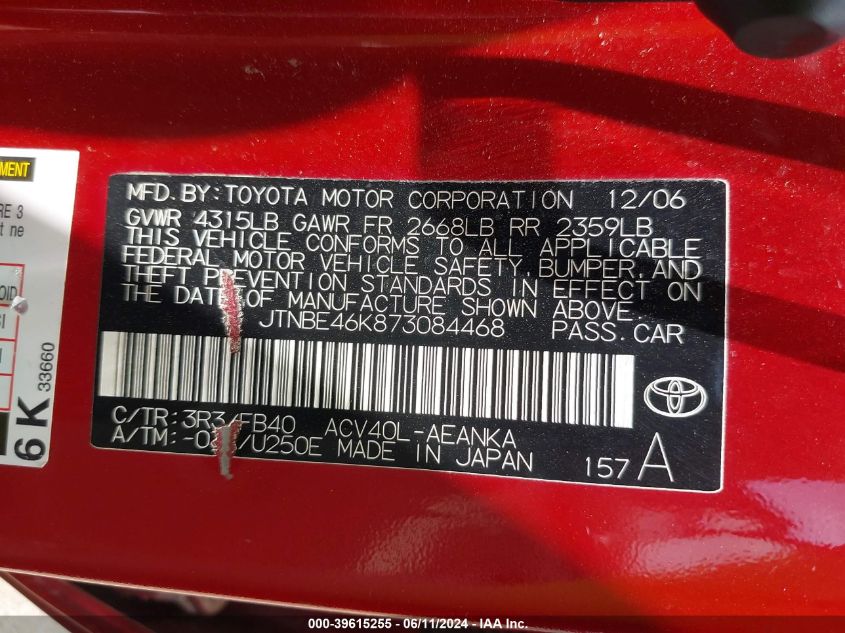 2007 Toyota Camry Le VIN: JTNBE46K873084468 Lot: 39615255