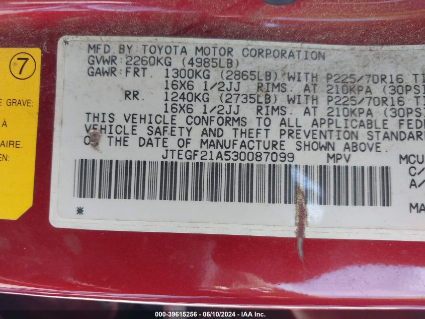 2003 Toyota Highlander Limited V6 VIN: JTEGF21A530087099 Lot: 39615256