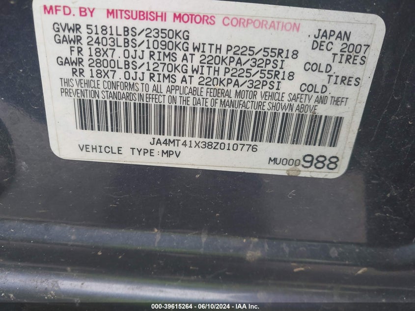 2008 Mitsubishi Outlander Xls VIN: JA4MT41X38Z010776 Lot: 39615264