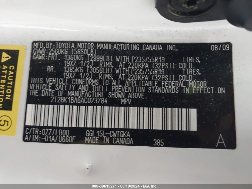 2010 Lexus Rx 350 VIN: 2T2BK1BA6AC023784 Lot: 39615271