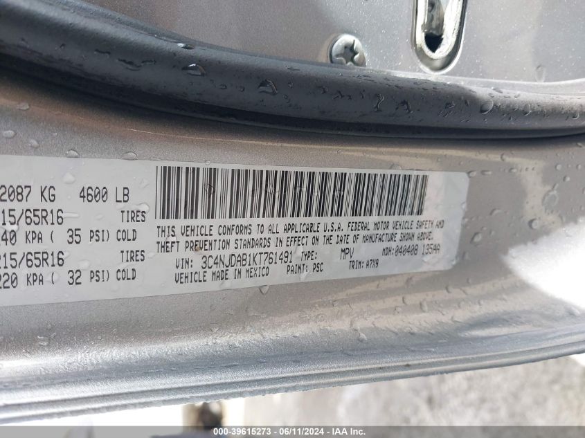 2019 Jeep Compass Sport 4X4 VIN: 3C4NJDAB1KT761491 Lot: 39615273