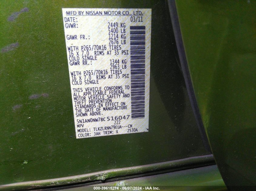 2011 Nissan Xterra S VIN: 5N1AN0NW7BC516047 Lot: 39615274