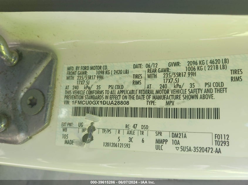 2013 Ford Escape Se VIN: 1FMCU0GX1DUA28808 Lot: 39615286