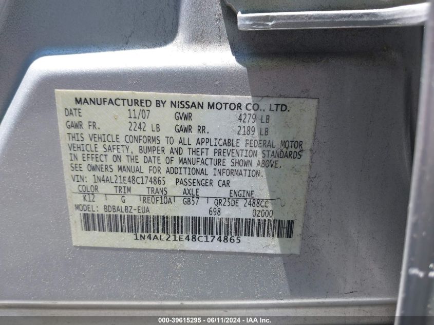 2008 Nissan Altima 2.5 Sl VIN: 1N4AL21E48C174865 Lot: 39615295