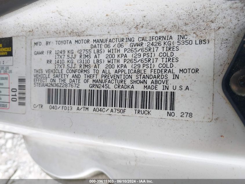 2006 Toyota Tacoma Base V6 VIN: 5TEUU42N36Z287672 Lot: 39615303