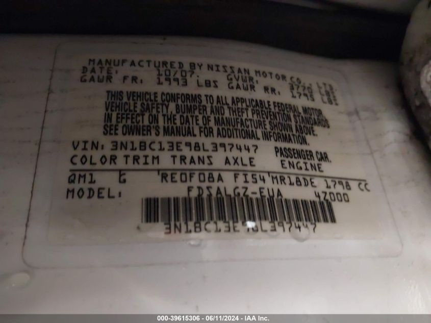 2008 Nissan Versa 1.8Sl VIN: 3N1BC13E98L397447 Lot: 39615306