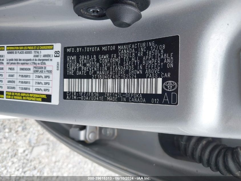 2009 Toyota Corolla Le VIN: 2T1BU40E49C162524 Lot: 39615313