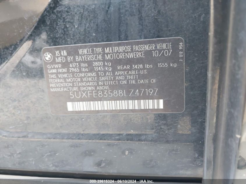 2008 BMW X5 4.8I VIN: 5UXFE83588LZ47197 Lot: 39615324