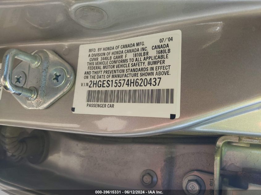 2004 Honda Civic Lx VIN: 2HGES15574H620437 Lot: 39615331