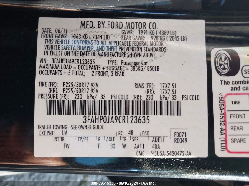 2012 Ford Fusion Sel VIN: 3FAHP0JA9CR123635 Lot: 39615335