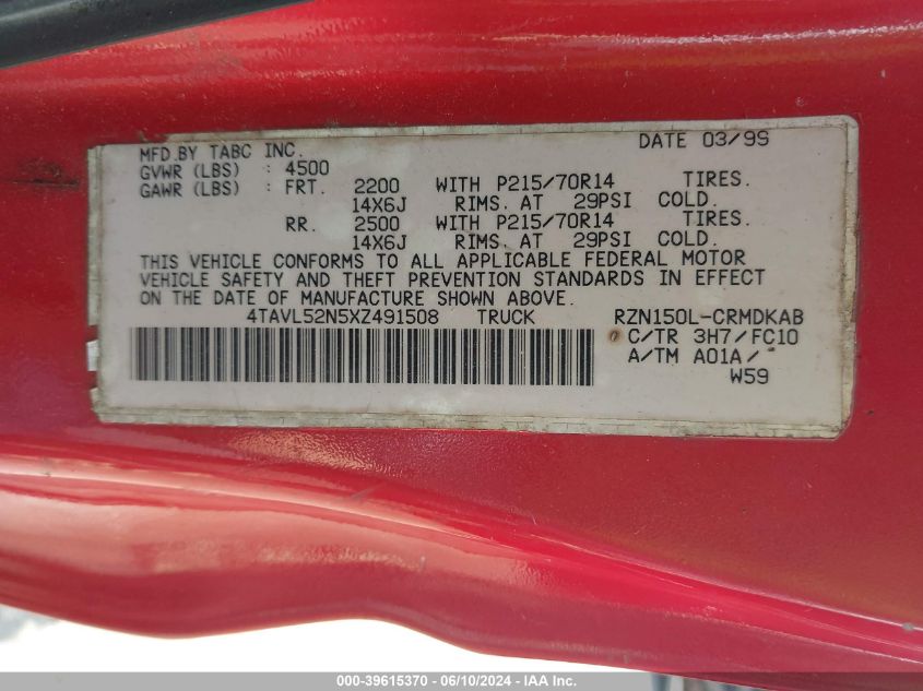 1999 Toyota Tacoma VIN: 4TAVL52N5XZ491508 Lot: 39615370