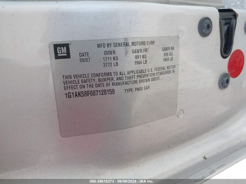 2008 Chevrolet Cobalt Ls VIN: 1G1AK58F687128159 Lot: 39615373