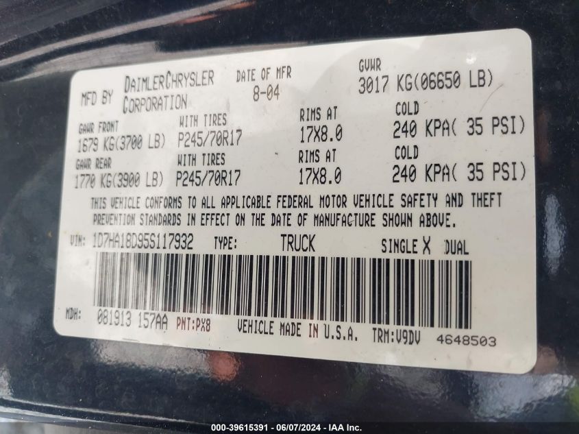 2005 Dodge Ram 1500 Slt/Laramie VIN: 1D7HA18D95S117932 Lot: 39615391