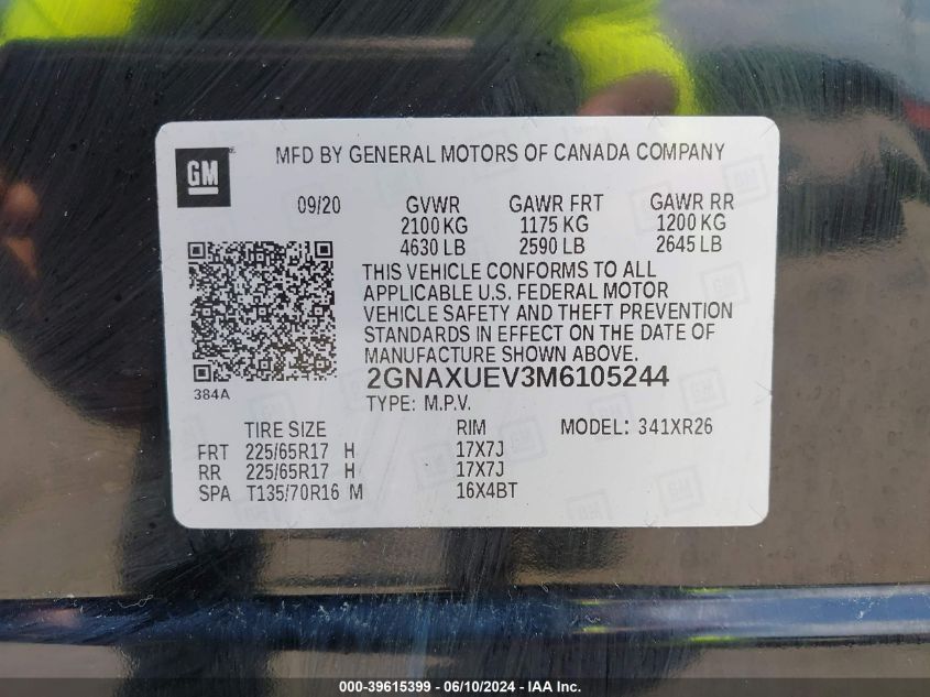 2021 Chevrolet Equinox Awd Lt VIN: 2GNAXUEV3M6105244 Lot: 39615399