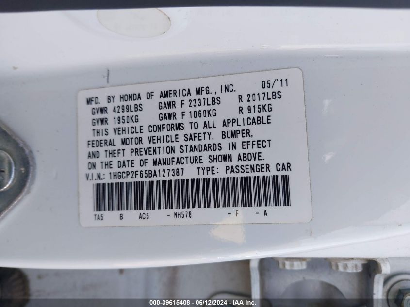 2011 Honda Accord 2.4 Se VIN: 1HGCP2F65BA127387 Lot: 39615408